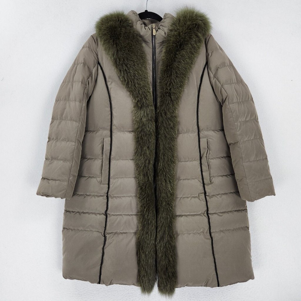 Crocodile Coat Womens Medium Green Down Puffer Parka Fox Fur Trim Rabbit Fur New